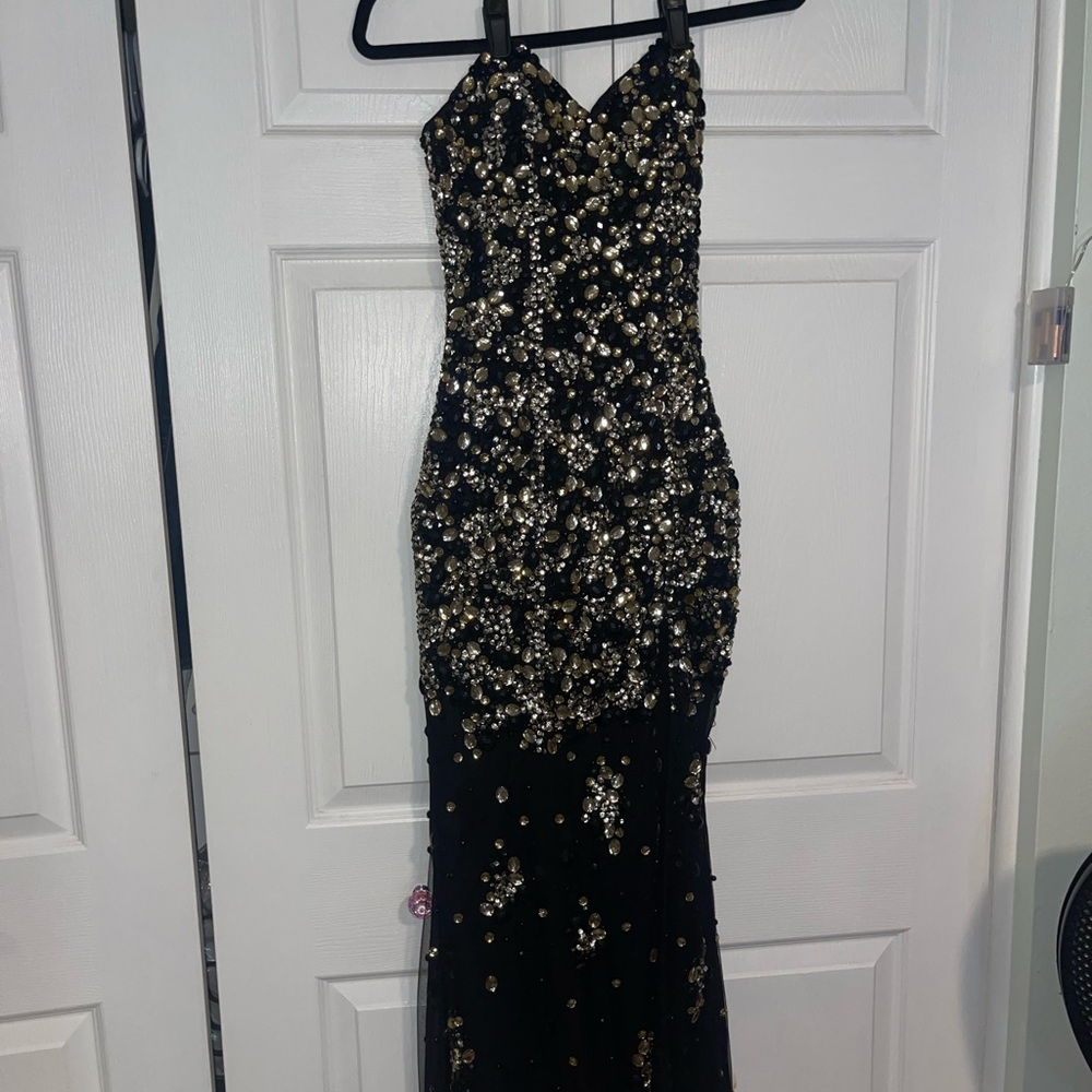 Black and Gold Jovani Strapless Prom dress